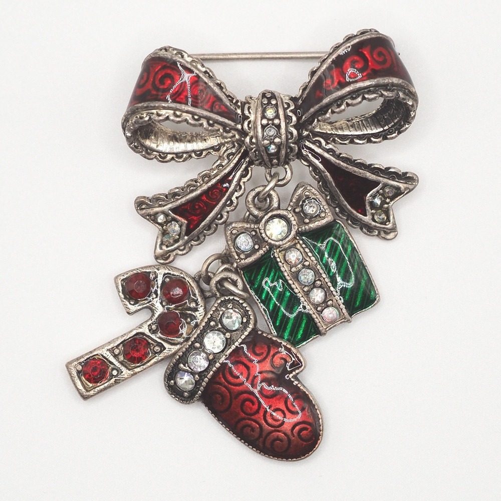 Vintage TC Holiday Bow Brooch Red Green Enamel Inlay Christmas Gift Dangle Charm